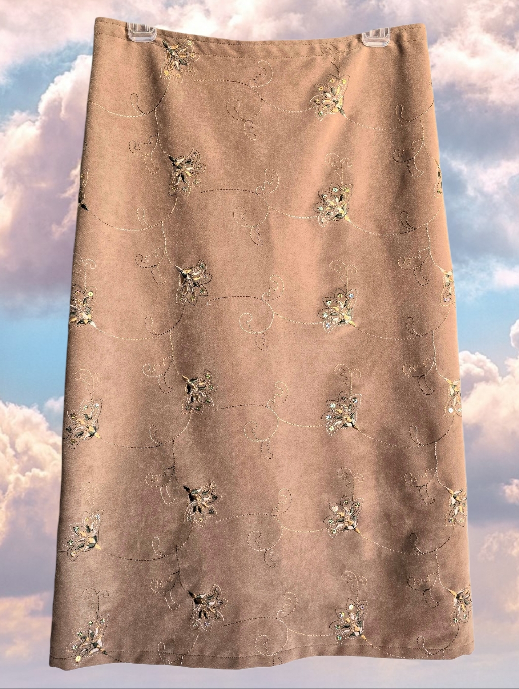 Sequin Embroidered Suede Style Y2k Vintage Skirt With Long Back Slit